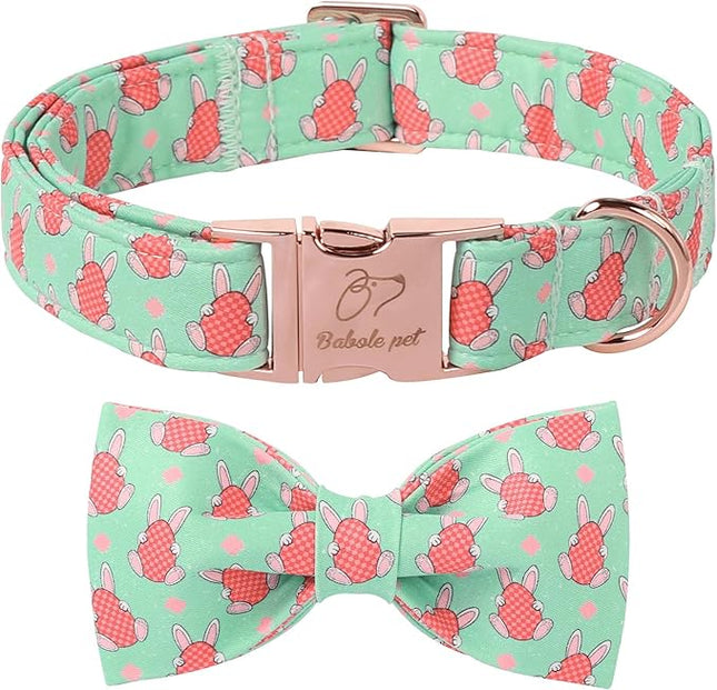 Dog Collar with Easter Bow Tie - Bunny Egg Pattern Bowtie Adjustable Heavy Duty Spring Collar for Small Medium Large Dogs L