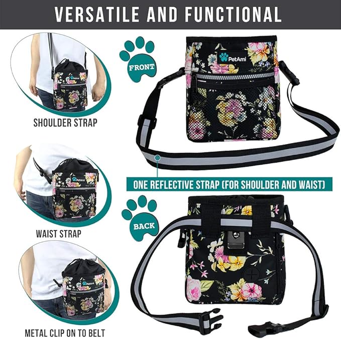PetAmi Dog Treat Pouch, Pet Treat Pouch for Training, Dog Walking Bag Holder for Kibbles, Pet Food Toy, Dog Trainer Essentials Supplies, Poop Bag Dispenser, 3 Ways to Wear (Floral Black)