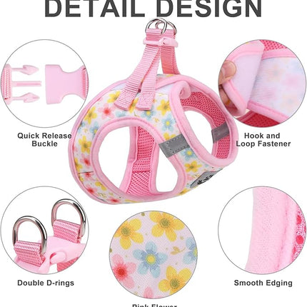 EXPAWLORER Small Dog Harness and Leash Set - Cute Puppy Harness Leash Dog Collar with AirTag Holder Silicone Case, Soft Padded Step in Pet Vest Reflective for Outdoor Walking, Floral M