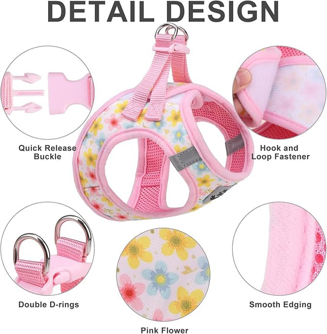 EXPAWLORER Small Dog Harness and Leash Set - Cute Puppy Harness Leash Dog Collar with AirTag Holder Silicone Case, Soft Padded Step in Pet Vest Reflective for Outdoor Walking, Floral S