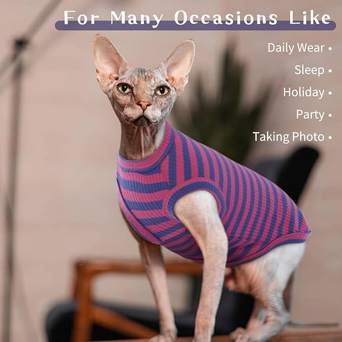 BRKURLEG Sphynx Hairless Cats Shirt Puppy Clothes Soft Cotton T-Shirts Cute Cats Pajamas Cat Stripes Vest Pet Sweater, Round Collar Vest Kitten Shirts(PinkBlue Stripes, L)