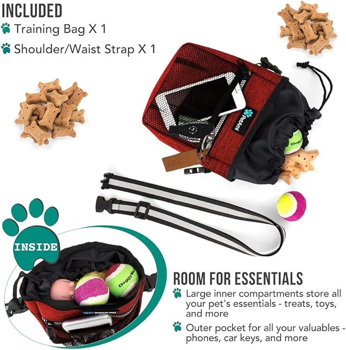PetAmi Dog Treat Pouch, Pet Treat Pouch for Training, Dog Walking Bag Holder for Kibbles, Pet Food Toy, Dog Trainer Essentials Supplies, Poop Bag Dispenser, 3 Ways to Wear (Red)