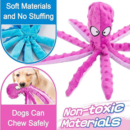Alphatool Squeaky Dog Toys - 2pcs No Stuffing Octopus Soft Plush Crinkle Toys to Keep Them Busy, Interactive Essentials for Small Medium Pets Dogs Gifts, Blue & Purple