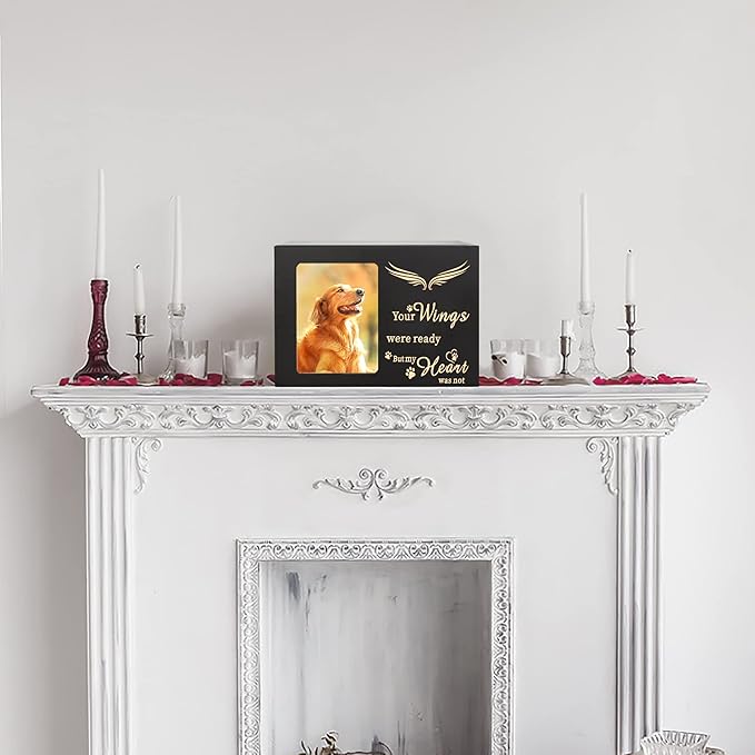 DGDCDV Large Pine Wood Pet Memorial Urns for Dog or Cat Ashes with Black Flannel Lining, Photo Frame, Wings Pattern, 140 Cubic Inches Capacity