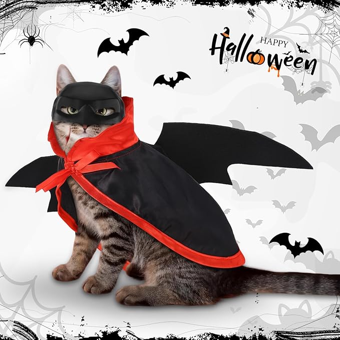 3 PCS Halloween Cat Costume Bat Mask Bat Wings Cloak Pet Costumes for Small Cats Kittens Cosplay Halloween Party Decoration Bat Cat Mask and Apparel Cats Dress Up Accessories