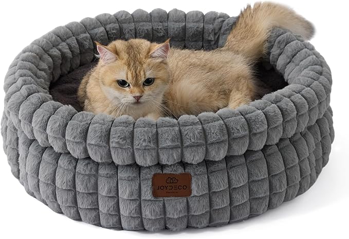Joydeco Grey Cat Bed Kitten Bed, Washable Round Cat Beds for Indoor Cats, Ultra Soft Plush Pet Bed for Puppy and Kitten with Anti-Slip, Small