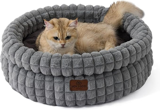 Joydeco Grey Cat Bed Kitten Bed, Washable Round Cat Beds for Indoor Cats, Ultra Soft Plush Pet Bed for Puppy and Kitten with Anti-Slip, Small