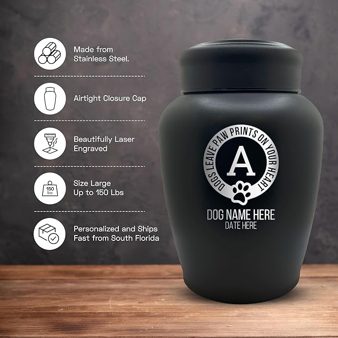 Personalized Custom Dog Urn Engraved Dog Name and Date - Stainless Steel Large Cremation urns for Dogs Ashes with Airtight Closure | up to 150 lbs Capacity | Paw Prints on Hearts