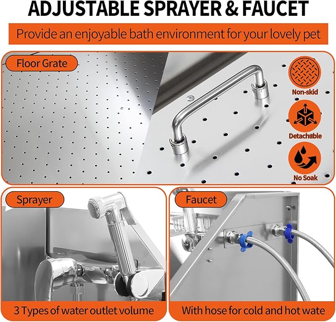 38" Professional Stainless Steel Dog Grooming Tub W/Soap Box, Faucet,Rich Accessory, Bathtub for Multiple Pets, Washing Sink for Home,L-Door