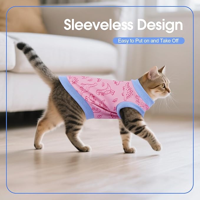 Sphynx Hairless Cat Clothes with Dinosaur Print, Pullover Kitten T-Shirts Vest, Sleeveless Bodysuit Cat Pajamas Jumpsuit, Breathable Daily Wear Clothes for Cats