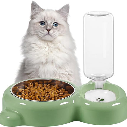Dog Bowls, Cat Food and Water Bowl Set with Water Dispenser and Stainless Steel Bowl for Cats and Small Dogs - Green