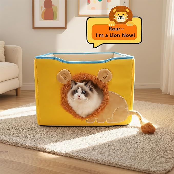 CWV Cat Houses for Indoor Cats, Cute Cat Cave Bed with Scratch Pad, Foldable Cat Cube for Multiple Large Cats, 17X17x13inch, Lion Design