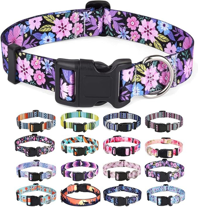 Dog Collar with Bohemia Floral Tribal Geometric Patterns - Soft Ethnic Style Collar Adjustable for Small Medium Large Dogs(Floral Pink,L)