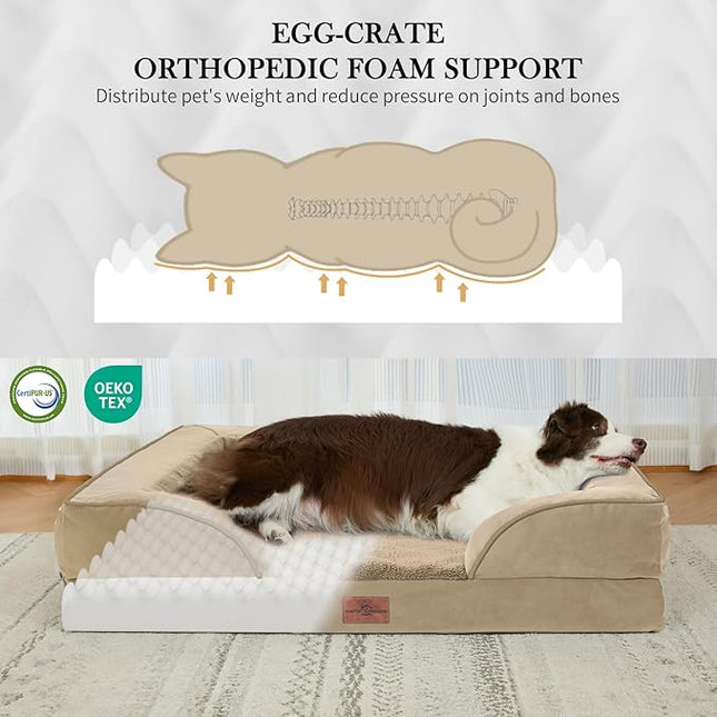 Comfort Expression Orthopedic Dog Bed for Large Dogs 38x25 Inch, Waterproof Egg Crate Foam Large Pet Bed with Removable Bolsters, Dog Couch with Washable Cover & Non-Slip Bottom, Light Brown