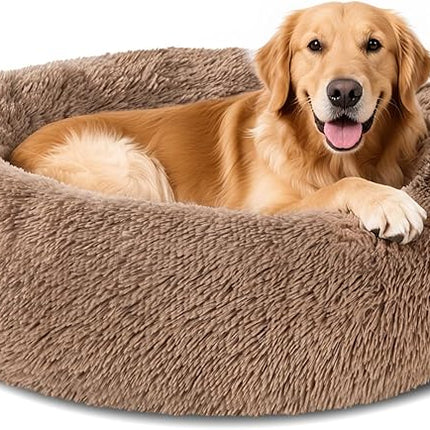 Dog Calming Beds for Medium Large Dogs - Round Donut Washable Dog Bed, Anti-Slip Faux Fur Fluffy Donut Cuddler Anxiety Cat Bed(36" Khaki)
