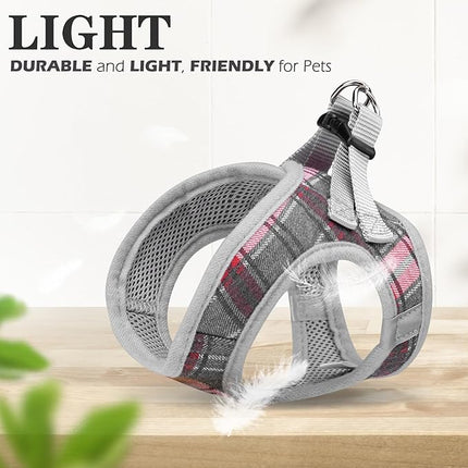 EXPAWLORER Classic Plaid Puppy Harness - Small Dog Harness and Leash Set - Dog Collar and Leash Set with AirTag Holder, Soft Padded Step in Dog Vest Harness No Pull Reflective for Outdoor, Grey XXS