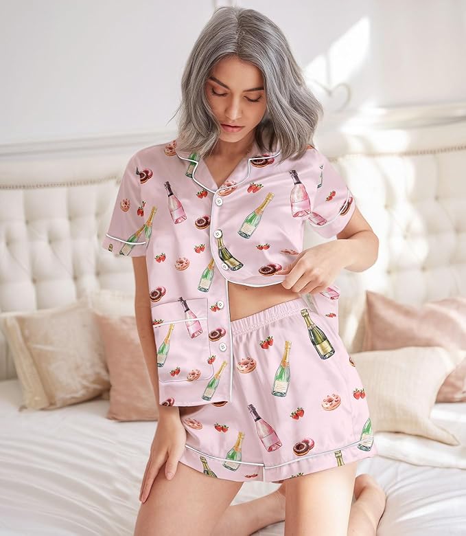 Women’s Silk Satin Pajama Set, Short Sleeve Button Down 2 Piece PJs with Shorts, Cozy Loungewear & Matching Holiday Pajamas