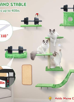 Cat Wall Shelves, 6 in 1 Cat Wall Furniture Set with Condos House, Bed, Bridge, Tree, Steps, Scratching Board, DIY Walls Playground for Indoor (Green)