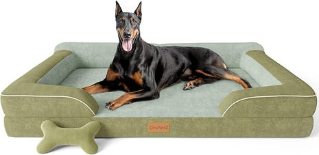 XXL Dog Bed for Extra Large Dogs, Giant Orthopedic Dog Bed with Cooling Gel Memory Foam, Waterproof Pet Bed with Removable Washable Cover, 53" Pet Sofa bed Dutch Velvet with Bone Toy, Dark Green
