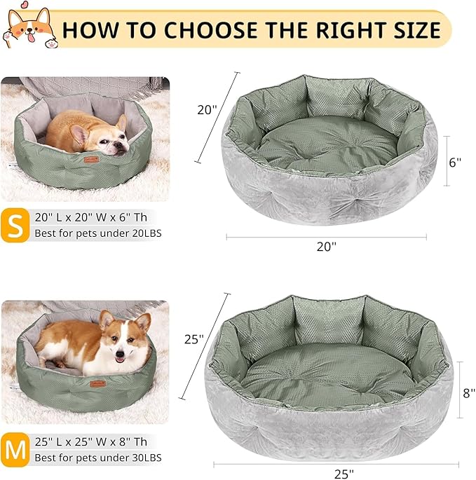 Dual-Sided Dog Beds for Medium & Small Dogs - Round Cat Beds for Indoor Cats, Washable Pet Bed for Puppy and Kitten with Slip-Resistant Bottom (Grey, 25" L x 25" W x 8" Th)