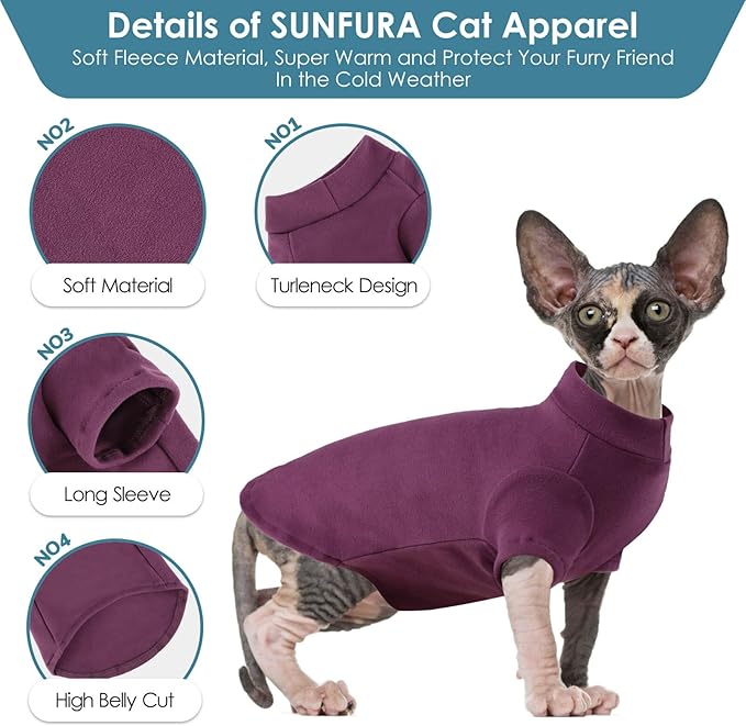 SUNFURA Turtleneck Sweater for Cat, Sphynx Cats Shirt Hairless Cat Sweaters with Sleeves, Warm and Soft Kitten Pullover Fleece Winter Pajamas Jumpsuit for Puppy Cats, Purple L