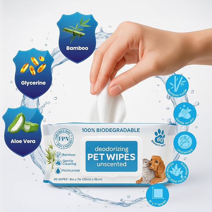 FPN Pet Wipes 240 Pcs – Unscented Bamboo Grooming Wipes for Dogs & Cats Cleaning – No Alcohol or No Harsh Chemicals – Soft – 7x8 in 60 x 4