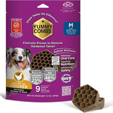 Yummy Combs Dog Dental Treats – Vet VOHC Approved, Removes Tartar & Cleans Teeth – Yummy High Protein Chicken Treat for Medium Dogs (Mini Pack, 9 Count)