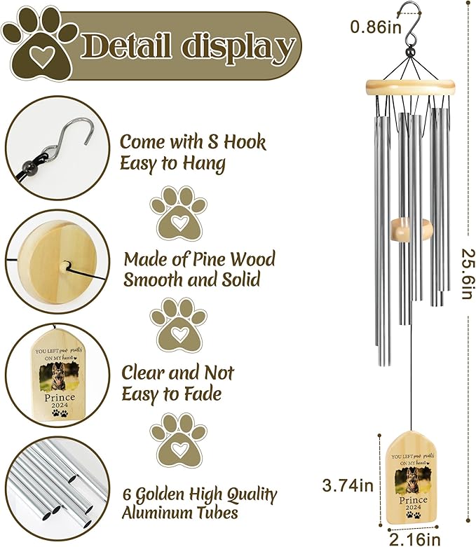 Pet Memorial Gifts, Personalized Pet Memorial Wind Chimes, Pet Loss Gifts, Dog Memorial Gifts for Loss of Dog, Pet Loss Sympathy Gift, Pet Remembrance Gift, in Memory of Pet - Left Paw Prints