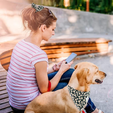 E-Clover Dog Bandanas & Matching Scrunchie Set Girl Dog Scarf Bibs with Bow Scrunchie for Medium Large Dogs Pet Owner Gifts Flower Black