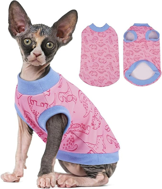 Sphynx Hairless Cat Clothes with Dinosaur Print, Pullover Kitten T-Shirts Vest, Sleeveless Bodysuit Cat Pajamas Jumpsuit, Breathable Daily Wear Clothes for Cats