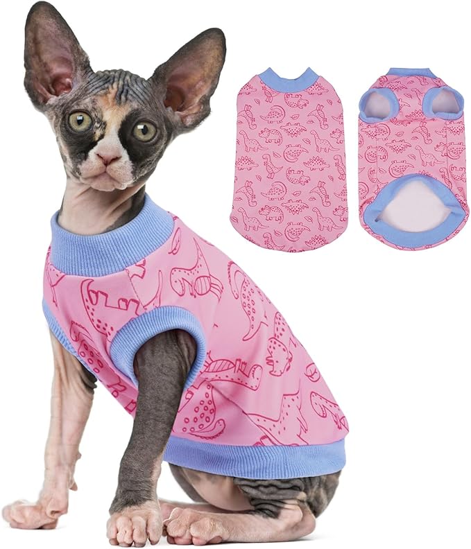 Sphynx Hairless Cat Clothes with Dinosaur Print, Pullover Kitten T-Shirts Vest, Sleeveless Bodysuit Cat Pajamas Jumpsuit, Breathable Daily Wear Clothes for Cats