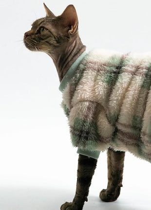 Cat Double-Sided Fleece Clothes, Soft Warm Winter Jumpsuit Sweater Shirt Clothing for Hairless Sphynx, Devon & All Indoor Kittens (Green,S)