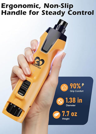 Casfuy 6-Speed Dog Nail Grinder – 50%+ Boost Power Dog Nail Trimmers Quiet with Dust Cap & 2 LED Lights & 2000mAh Battery & 4.8V Motor Electric Pet Toenail File Tool for Large Medium Small Dogs Cats