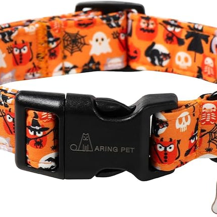 ARING PET Halloween Dog Collar, Ghost Pumpkin Spider Web Skeleton Pet Collars for Small Medium Large Girl Boy Dogs Puppy Collar with Quick Release Buckle-L Size