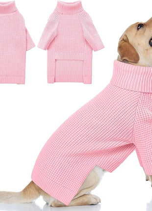 Queenmore XXL Dog Sweater, Large Dog Sweaters for Male Dogs, Turtleneck Plaid Kintsweaters for Large Breeds, Cold Weather Pullover Pet Clothes, Pink 2XL