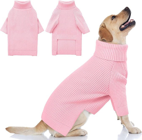 Queenmore XXL Dog Sweater, Large Dog Sweaters for Male Dogs, Turtleneck Plaid Kintsweaters for Large Breeds, Cold Weather Pullover Pet Clothes, Pink 2XL