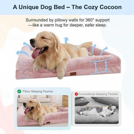 XL Orthopedic Dog Bed for Large Dogs, Washable Dog Bed with 4-Sides Removable Bolster, Waterproof Pet Sofa with Non-Slip Bottom for Extra Large Dogs, Pink