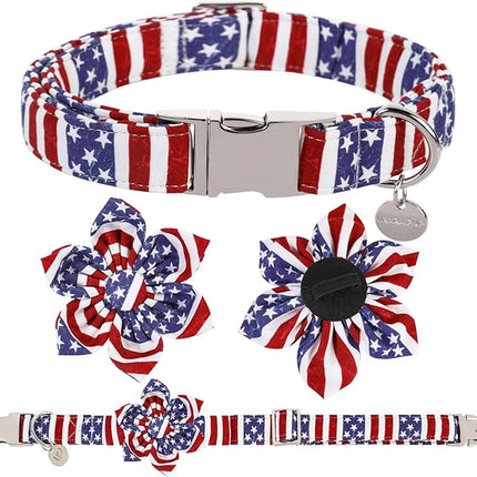 Dog Collar with Flower, 4th of July Comfortable Cotton Dog Collar, American Flag Collar for Large Girl Dog, Patriotic Flower Collar with Metal Buckle, L