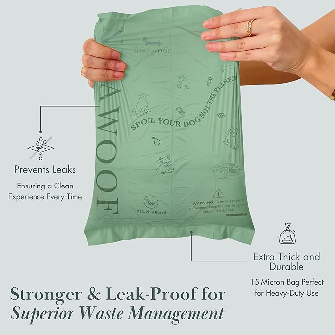Eco-Friendly 92% Plant-Based Dog Poop Bags Rolls -180 Extra Thick, Durable, Leak-Proof, Odorless, Convenient Disposal - USDA Certified, Heavy-Duty Trash Bags and Garbage Bags
