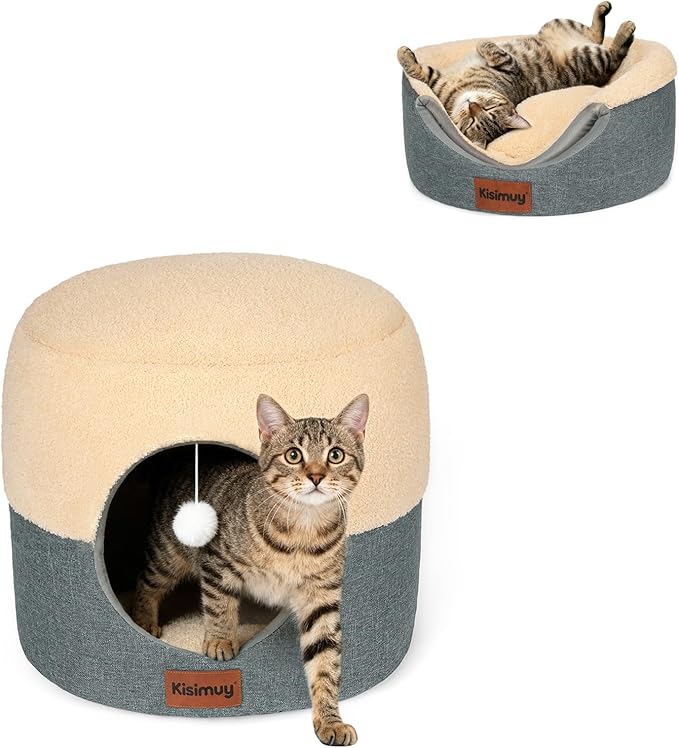 KISIMIUY Round Cat Beds for Indoor Cats, 2-in-1 Cat Cave Bed, Calming Anti-Anxiety Foldable Pet House,Cozy Durable Ultra-Soft Plush & Anti-Slip Bottom for Kittens and Small Dogs Puppy,15.7 inches