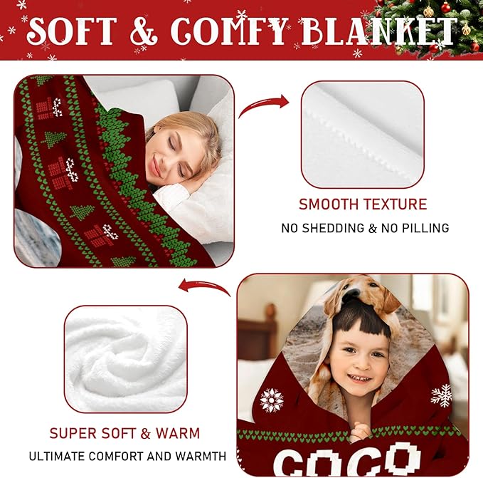 Custom Christmas Dog Blanket Gifts, Personalized Pet Blanket with Name, Customized Throw Blanket with Photo Name, for Pet Lovers, Dog Memorial Gifts for Loss of Cats Dogs