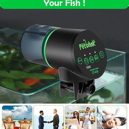 Automatic Fish Feeder for Aquarium - Auto Fish Food Dispenser Rechargeable for Small Large Tank with USB Charger Cable，12/24/48H Interval Esay Set Up (Black, CY-019)