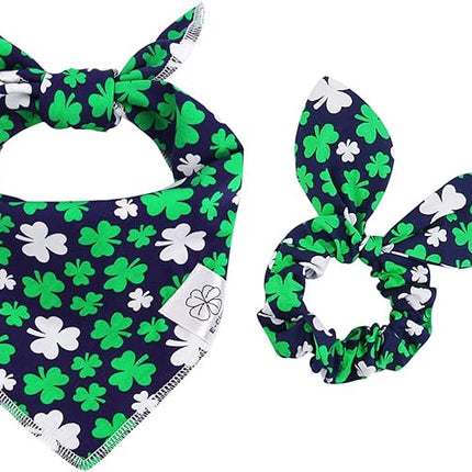 E-Clover Spring Dog Bandana & Matching Scrunchie Set Shamrock Lucky Dog Bandanas Scarf with Bow Hair Ties for Medium Large Dogs & Pet Owner Mom