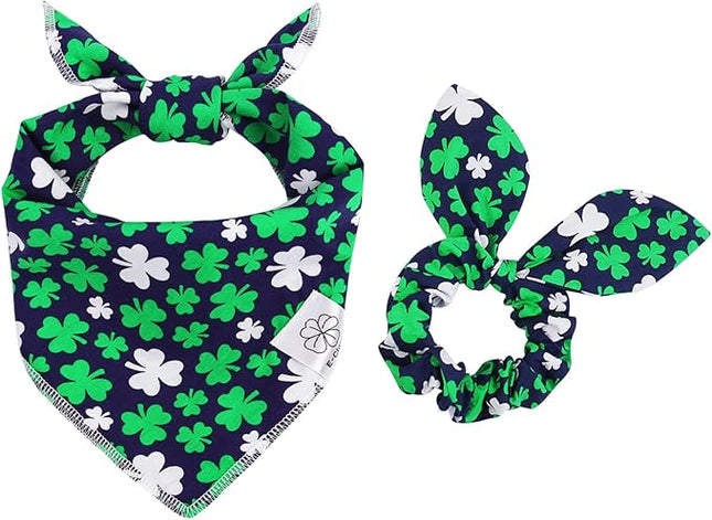E-Clover Spring Dog Bandana & Matching Scrunchie Set Shamrock Lucky Dog Bandanas Scarf with Bow Hair Ties for Medium Large Dogs & Pet Owner Mom