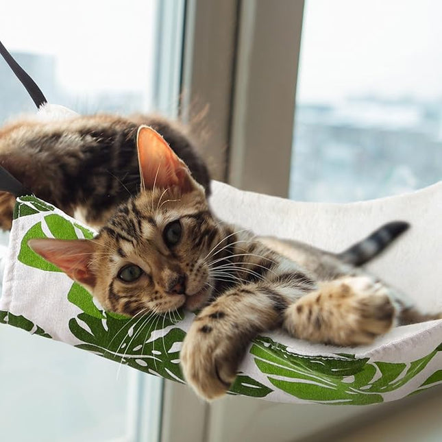 2 Pieces Reversible Cat Hanging Hammock Soft Breathable Pet Cage Hammock with Adjustable Straps and Metal Hooks Double Sided Hanging Bed for Small Dogs Rabbits(Monstera Leaf,L)