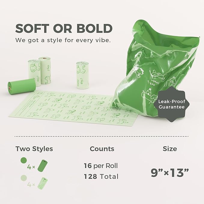Green Dog Poop Bags - 128 Count, 60% Recycled Plastic Unscented Dog Poop Bags - Easy-Peel Sticker, Leak-Proof, Extra Strong & Thick - Perfect for Diapers, Cat Litter (8 Rolls)