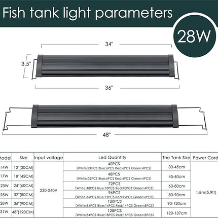 AQQA Aquarium Light,Full Spectrum LED Fish Tank Lights,12"-54" Adjustable Multi-Color White Blue Red Green LEDs with Extendable Brackets,14W-31W for Freshwater Plants (28W (36"-48"))