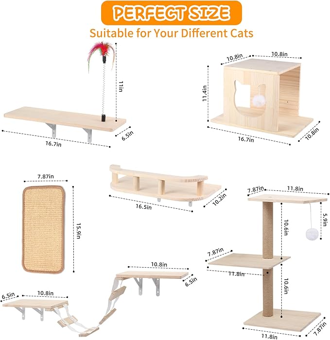 Cat Wall Shelves, Solid Wooden Wall-Mounted Cat Furniture, Set of 6 Cat Climbing Shelves with House, Bed, Bridge, Tree, Steps and Scratcher
