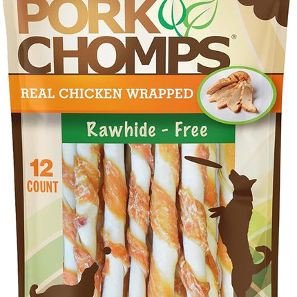 Pork Chomps Baked Pork Skin Dog Chews, 5-inch Mini Twists, Real Chicken Wrap, 12 Count