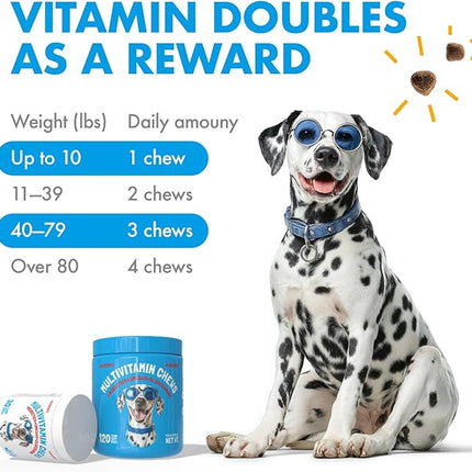 Dog Vitamins - 120 Multivitamins Chews w/Glucosamine Chondroitin, Probiotics Digestive Enzymes and Omegas - Supplement for Overall Health - Joint Support, Immune Health, Skin and Heart Health